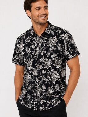Calvin Klein Men’s XL Black Gray Floral Button Up Shirt Short Sleeve Cotton
